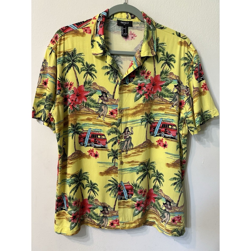 Forever 21 Mens Hawaiian Shirt Small Yellow Hula Girl Surf Van Tropical Rayon